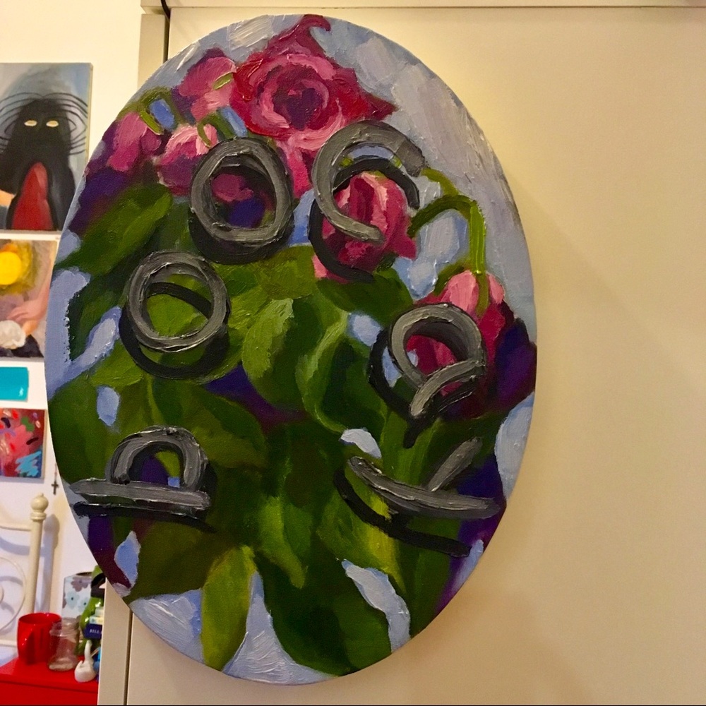 Oval shaped CONTEMPORARY FLOWER painting